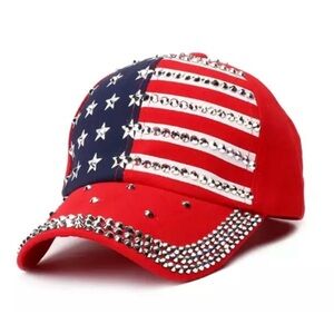 Women's American Flag Bling Rhinestone Baseball Cap USA Flag Hat Red White Blue